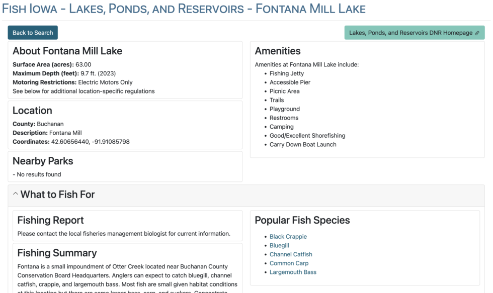 Fontana Mill Lake fishing details from the Iowa DNR