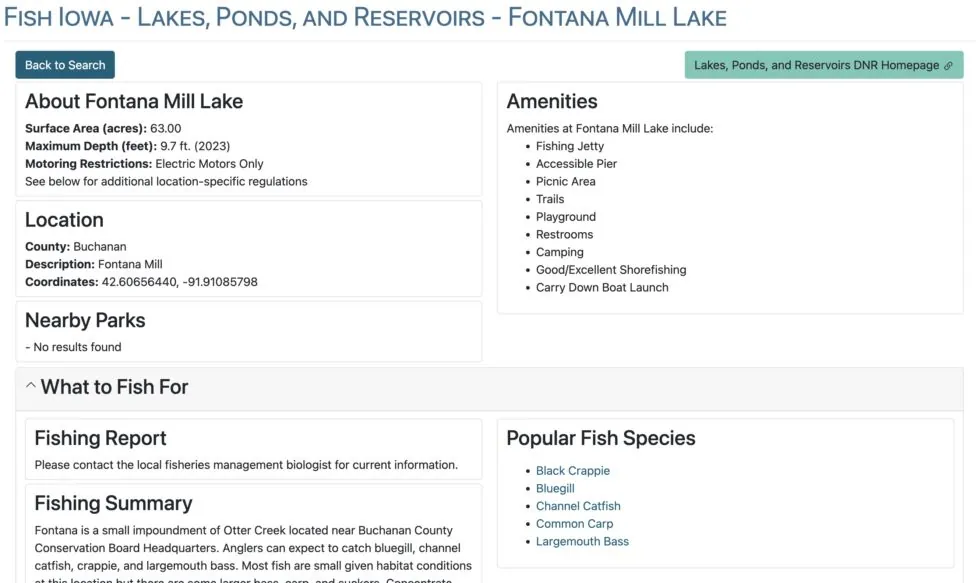 Fontana Mill Lake fishing details from the Iowa DNR